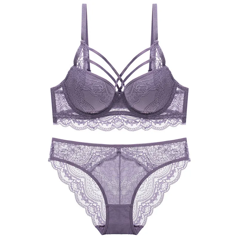 Ensemble de Lingerie Sexy en Dentelle pour Femmes Top And Bottom à Sangles Floral Push Up Dentelle Transparente pour Femmes