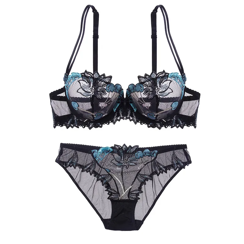 Sexy Transparent Mesh Embroidered Lace Lingerie Ultra-Thin Bra With Matching Bottom Floral Embroidery Elegant Underwear For Women