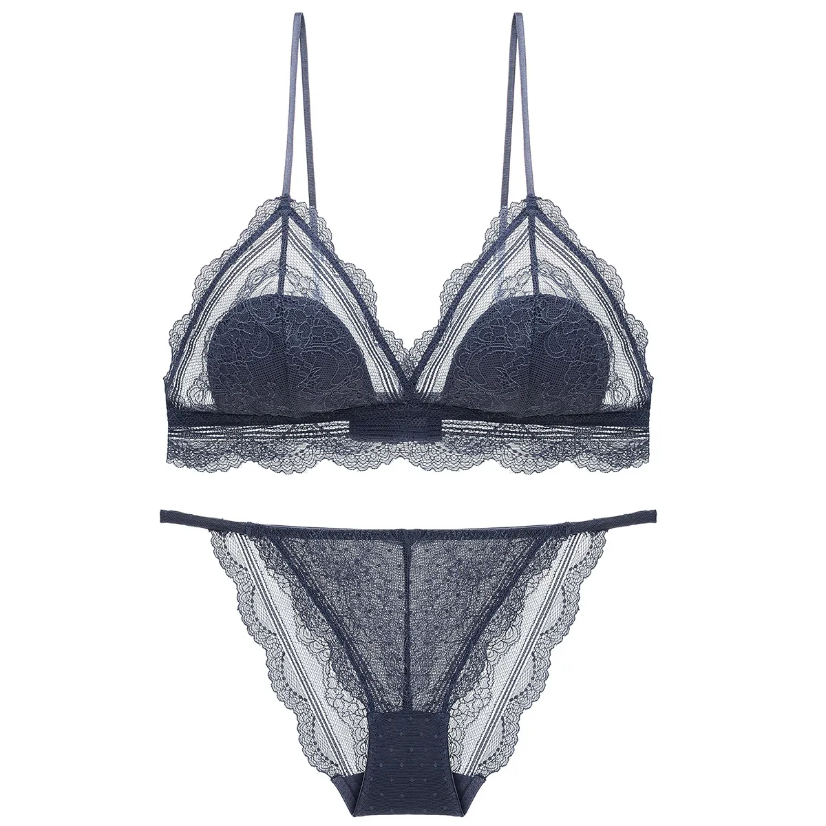 French Sexy Lace Lingerie Set For Women Wire-Free Triangle Cup Thin Bra And Panty Set Breathable Comfortable Underwear