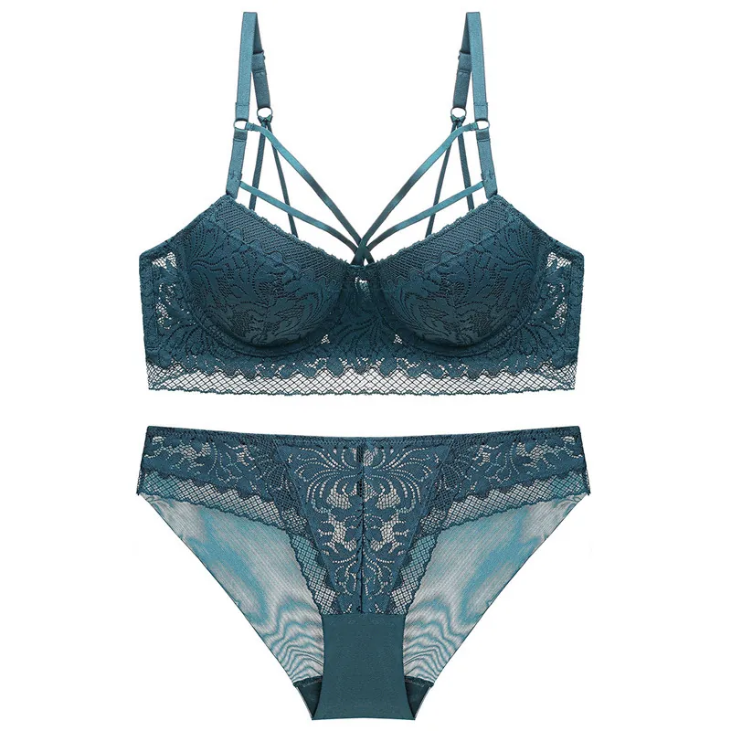 Sexy Lace Deep V Bra And Panty Strappy Push Up Floral Embroidery Beauty Back Women Lingerie Underwear