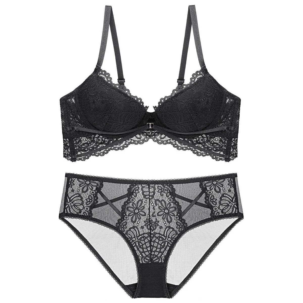 Lingerie en Dentelle Sexy pour Femmes Soutien Gorge Push Up Et Culotte Bretelle Réglable Maille Broderie Florale Sous Vêtements Élégants