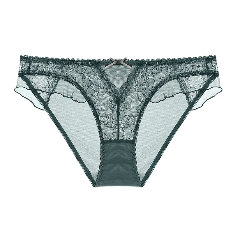 Bragas de Encaje Francés Sexy para Mujer Braguitas de Malla Transparente Cintura Baja Con Lazo Volantes Mujer