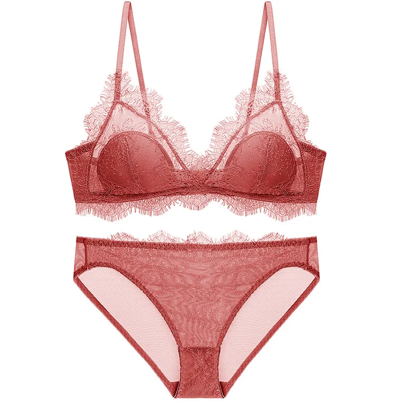 French Sexy Eyelash Lace Bralette Top And Panty For Women Wireless Triangle Cup Underwear Breathable Comfortable Floral Lingerie