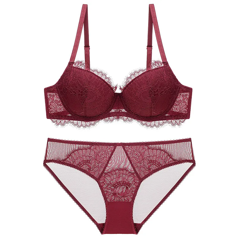 Sexy Eyelash Lace Bra And Panty For Women Thin Cotton Underwire Uplift Floral Mesh Embroidery Lingerie Briefs Lingerie