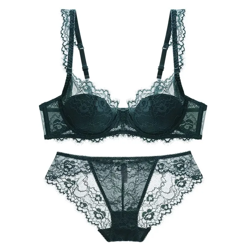 French Style Sexy Lace Bra Set For Women Thin Breathable Eyelash Lace Lingerie Hollow Out Floral Bra Set Top And Bottom