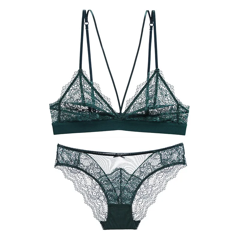 French Sexy Ultra Thin Lace Bra And Panties Set Wire Free Hollow Floral Lingerie Top And Bottom For Women