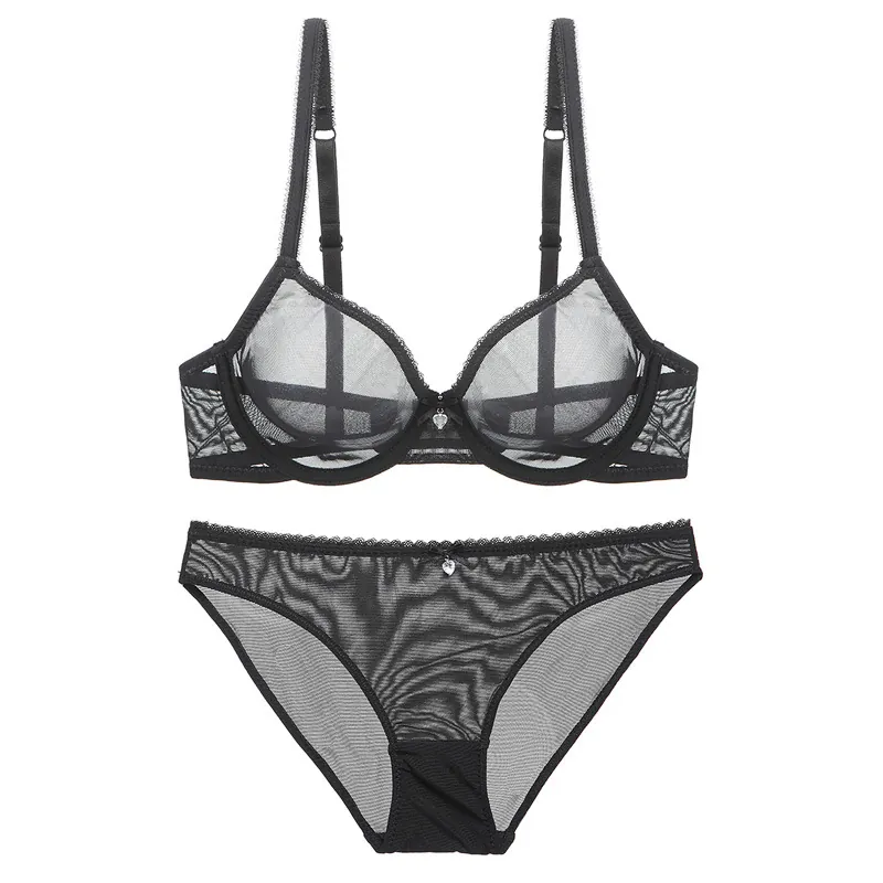 Women Sexy Ultra Thin Transparent Mesh Bra And Panty Gathering Breathable Lace Lingerie With Heart Pendant