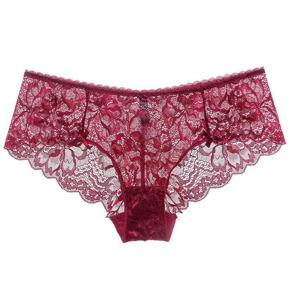Damen Sexy Spitze Unterhosen Niedrige Taille Atmungsaktiv Blumen Ausschnitt Slips Mit Satin Schleife Französischer Stil Unterwäsche