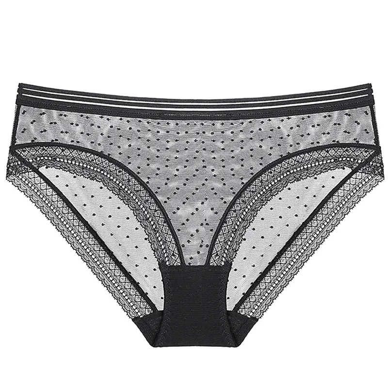 Culottes Sexy en Maille à Pois pour Femmes Taille Basse avec Bordure en Dentelle Entrejambe en Coton Respirant Lingerie