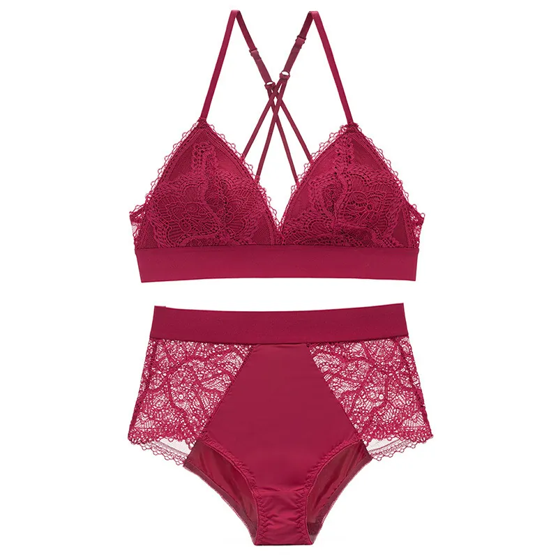 Ensemble de Lingerie en Dentelle Style Français pour Femmes Sexy Mince Sans Armature Soutien-Gorge Triangle et Culotte Top And Bottom