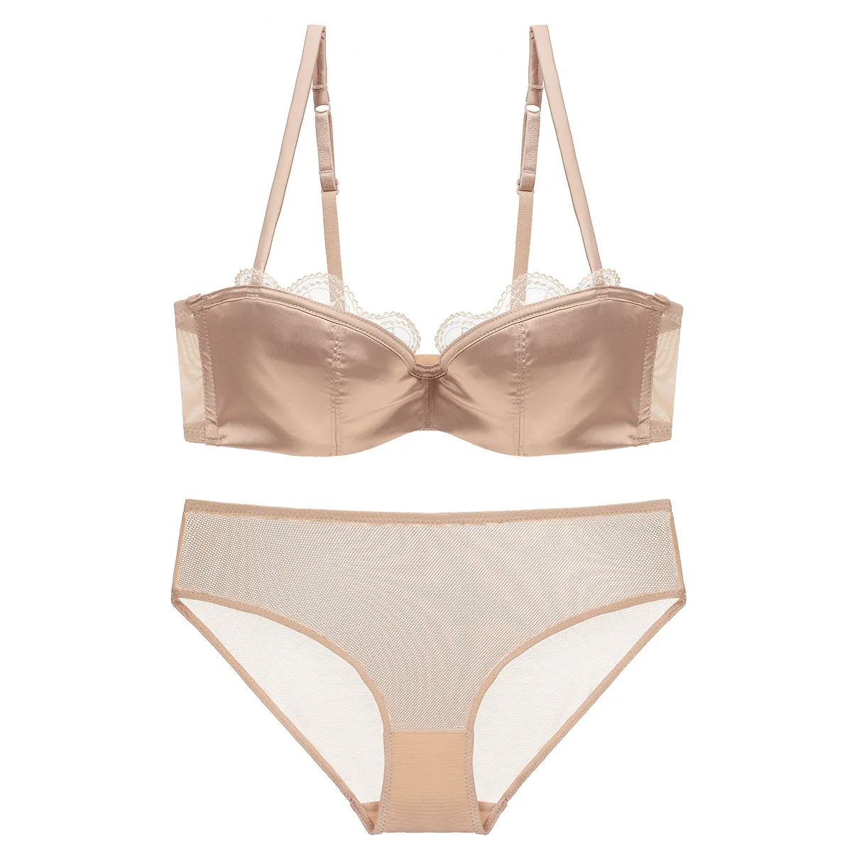 Sexy Lace Satin Bra And Panty Top And Bottom For Women Deep V Half Cup Push Up Seamless Lingerie Underwear Nylon Spandex