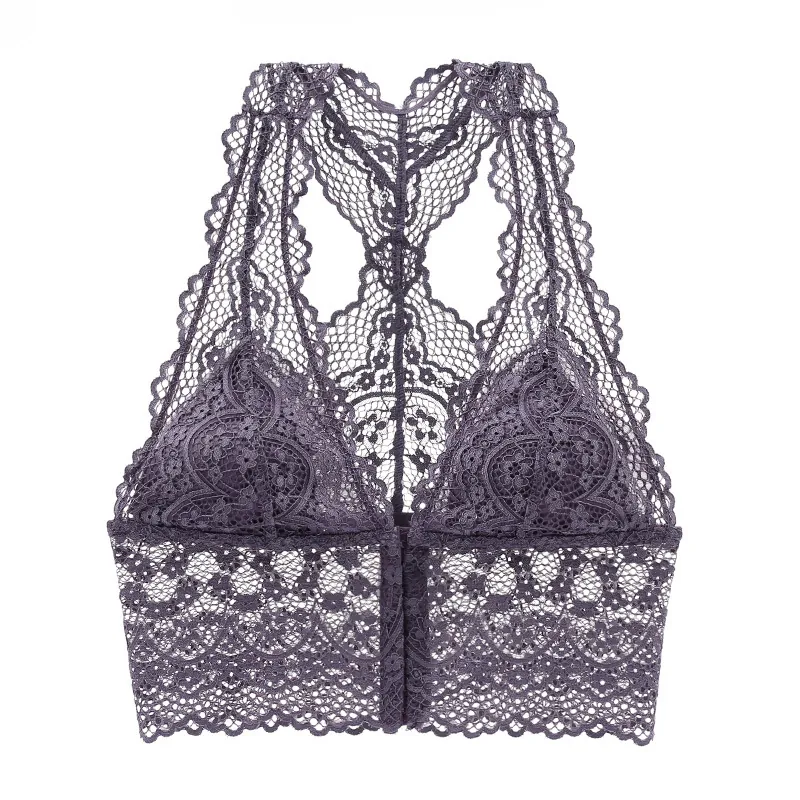 Soutien-gorge Bralette en Dentelle Française Sans Armature Fermeture Avant Dos Nageur Broderie Florale Mince Respirant Sexy Femme