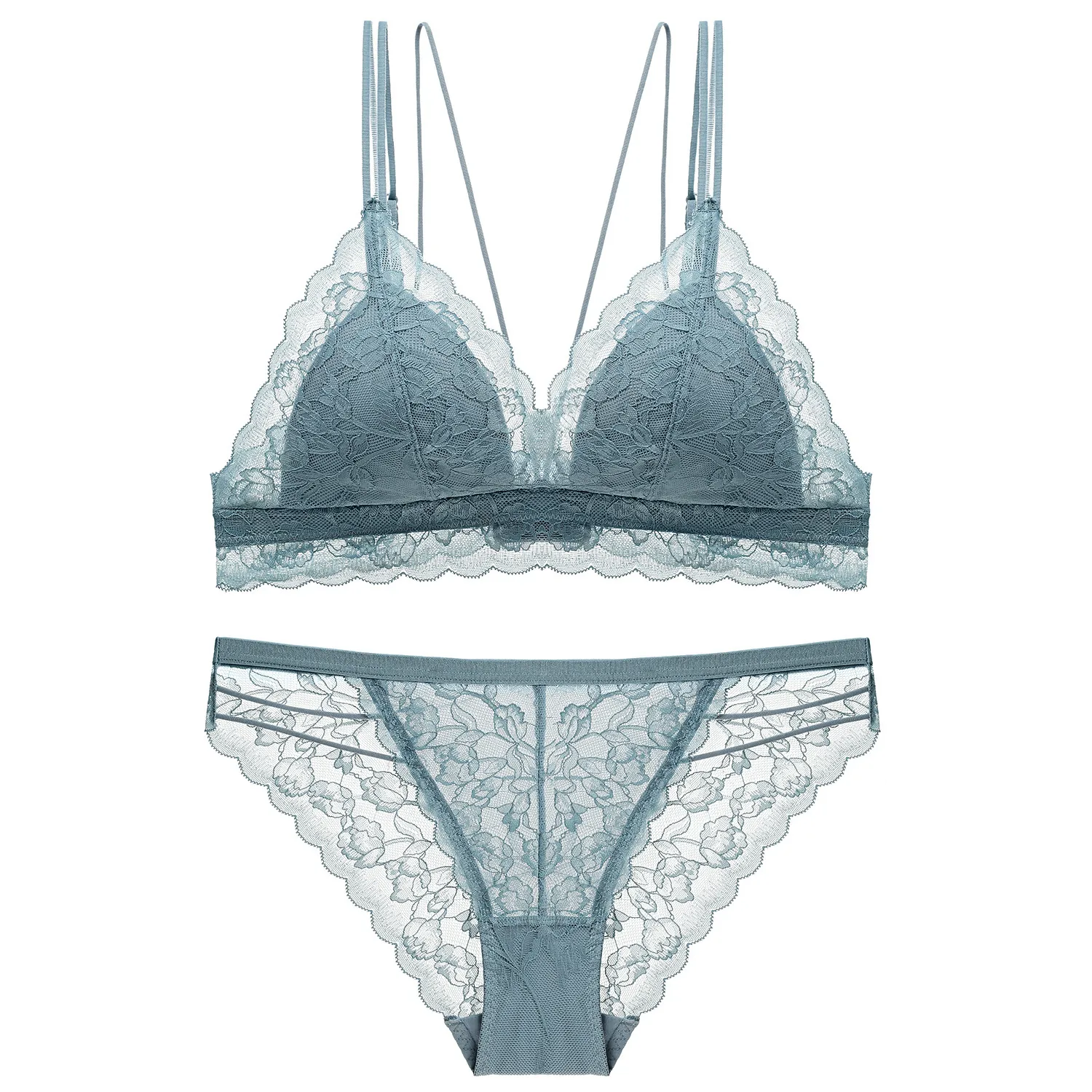 French Sexy Lace Bra And Panty Lingerie Breathable Mesh Floral Embroidery Triangle Cup No Wire Underwear For Women Daily