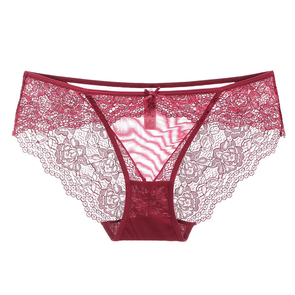 Women Sexy Hollow Out Lace Panties Low Waist Floral Embroidery Bow Knot Briefs Soft Cotton Crotch Hip Lift Underwear