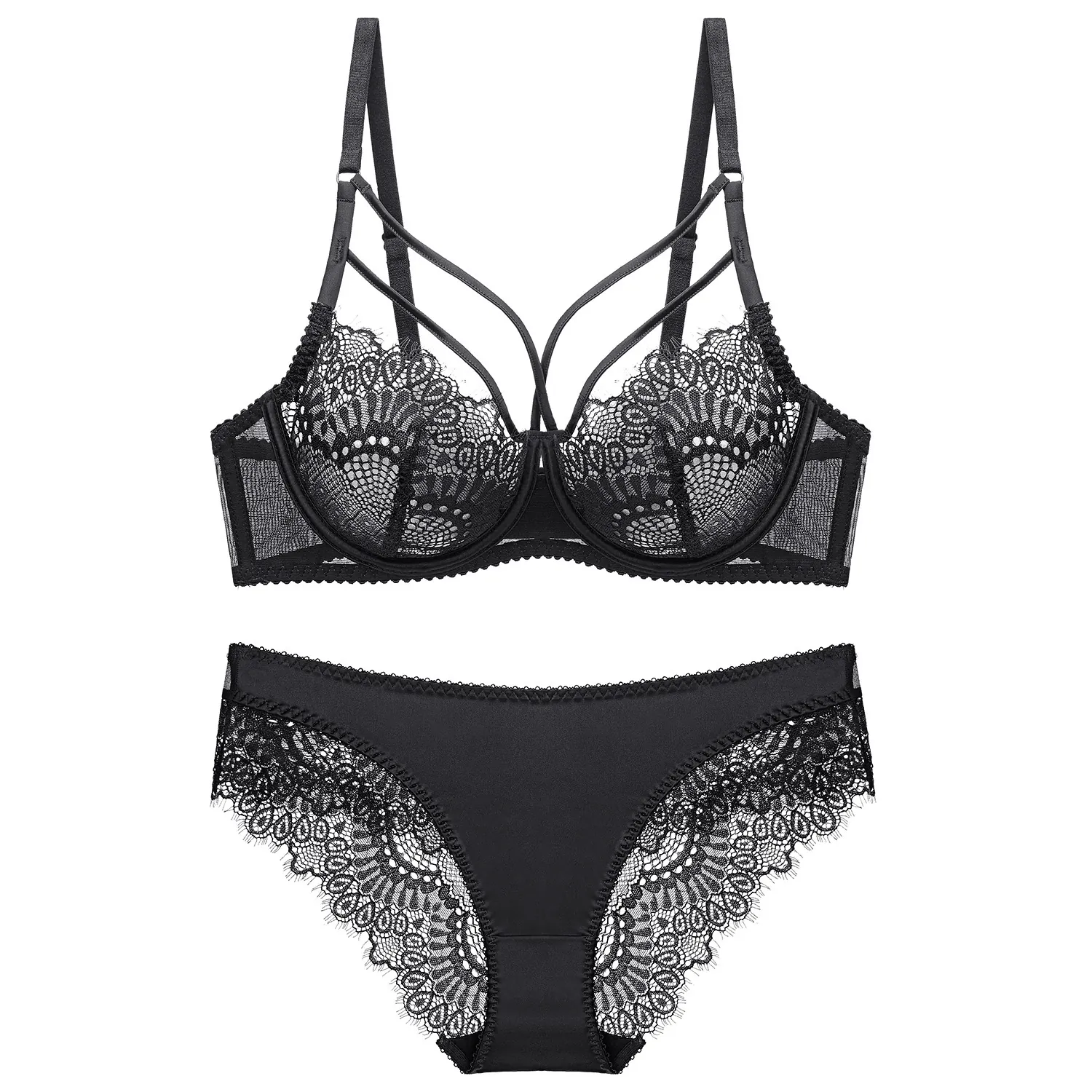 Women Sexy Lace Lingerie Bra And Panty Ultra Thin Transparent Push Up Floral Embroidery Underwire Underwear Top And Bottom