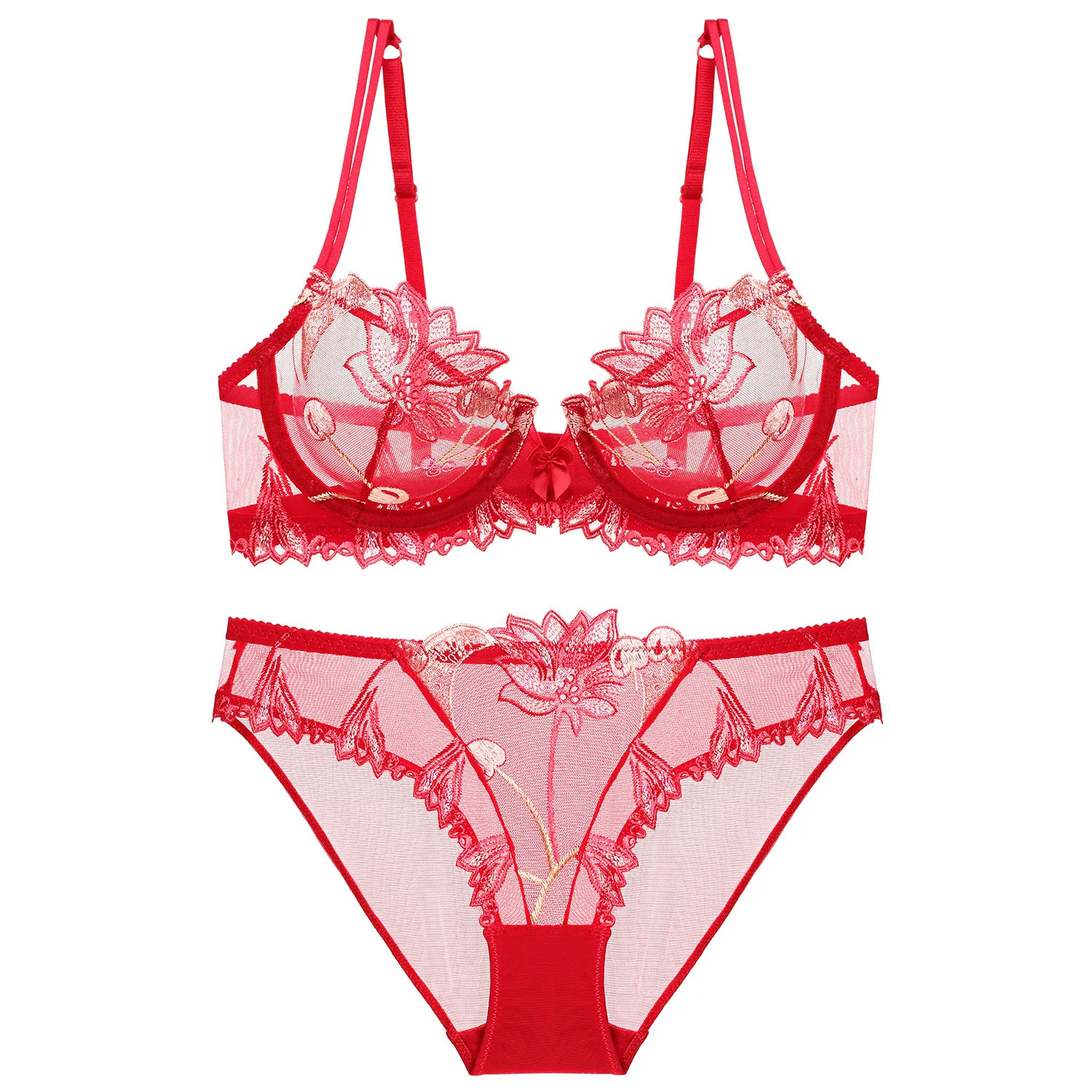 Women Sexy Lace Embroidered Bra And Panty Top And Bottom Ultra-Thin Transparent Cherry Mesh Lingerie Set With Bow Decor