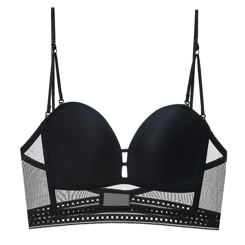 Sexy French Wireless Bra Women U-Shaped Low Back Invisible Seamless Lace Mesh Bralette Adjustable Straps Breathable Lingerie
