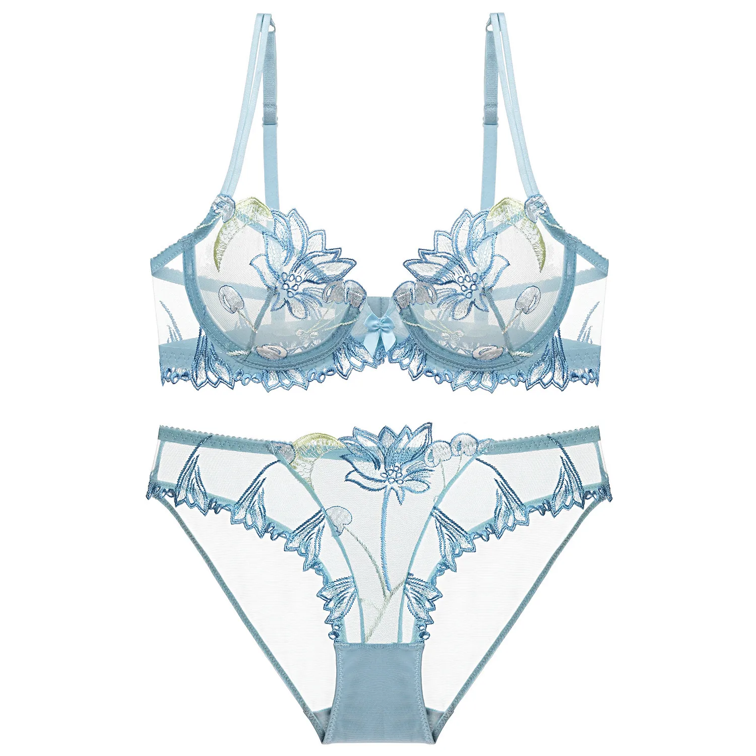Lingerie Femme Sexy Broderie Soutien-Gorge Et Culotte Cerise Floral Dentelle Maille Transparent Lingerie Luxe Femme