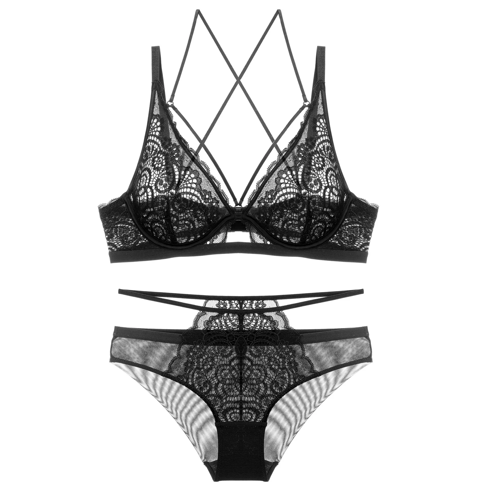 Ensemble de Lingerie Sexy en Dentelle Ultra-mince pour Femmes Dos Croisé Soutien-gorge Push Up et Culotte Top And Bottom Respirant Nylon Confortable