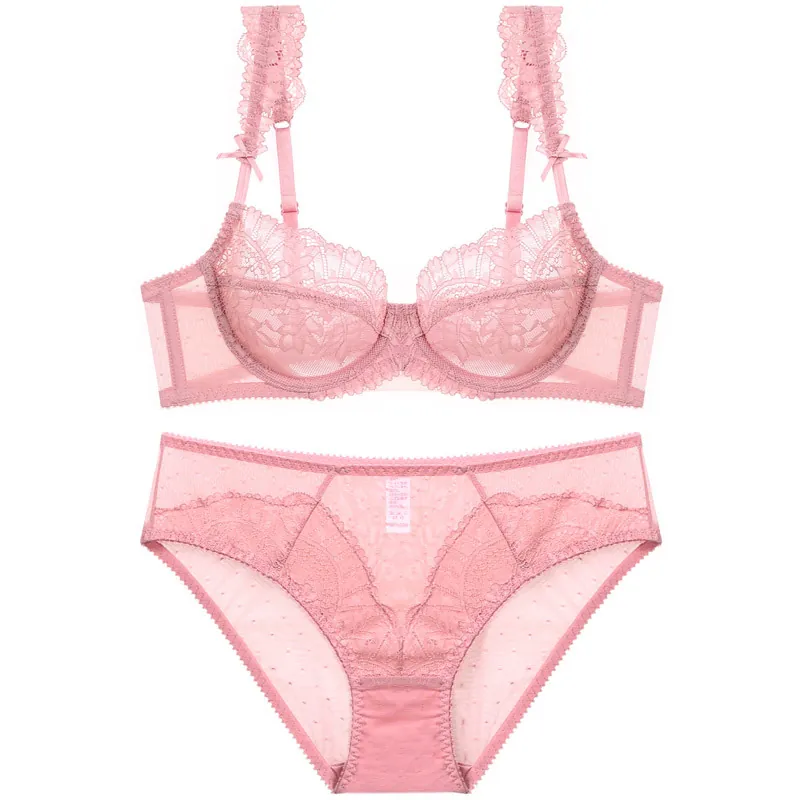 Lingerie Femme Sexy Dentelle Soutien-Gorge Et Culotte Ultra Mince Transparent Broderie Nœud Armature Push Up Pour Femmes