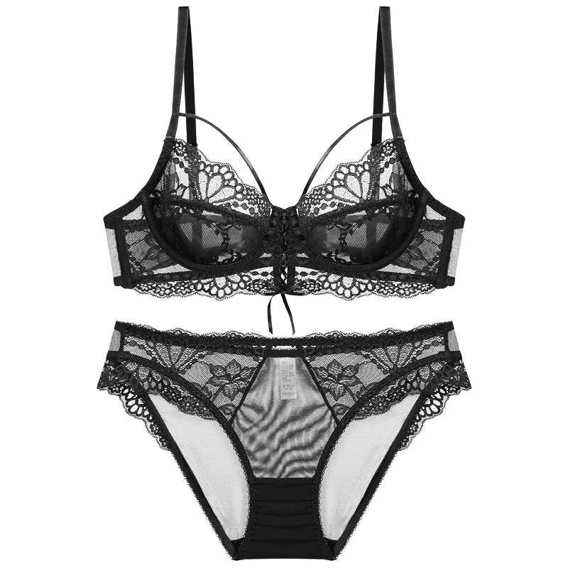 Sexy Ultra Thin Floral Lace Underwired Bra And Matching Panty Set For Women See Through Mesh Lingerie With Ribbon Bow Decor