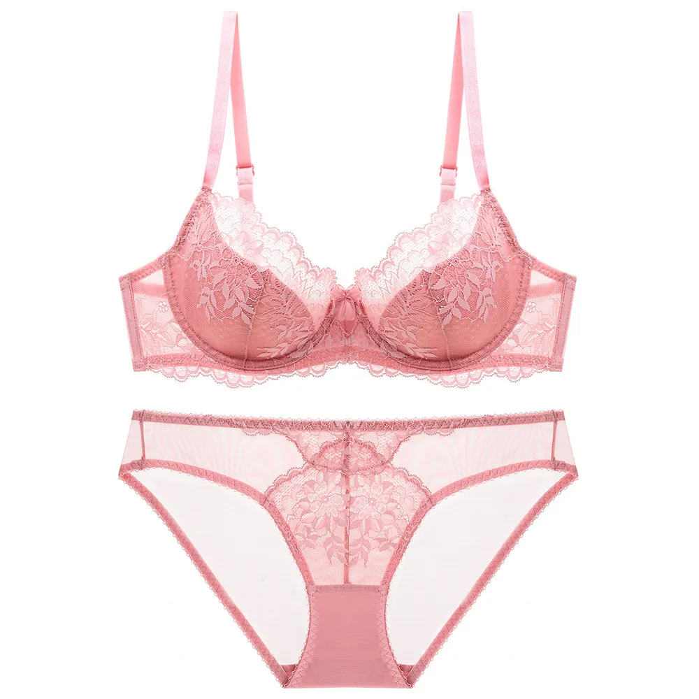 Women Sexy Lace Bra And Panty Top And Bottom Embroidery Thin Minimizer Lingerie Set Large Size Floral Mesh Underwear