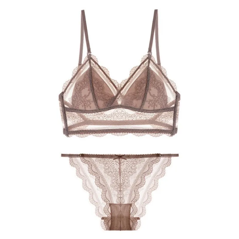 Women Sexy Floral Lace Bra Set Ultra Thin Nylon Spandex Triangle Cup Underwear French Style Top And Bottom Lingerie
