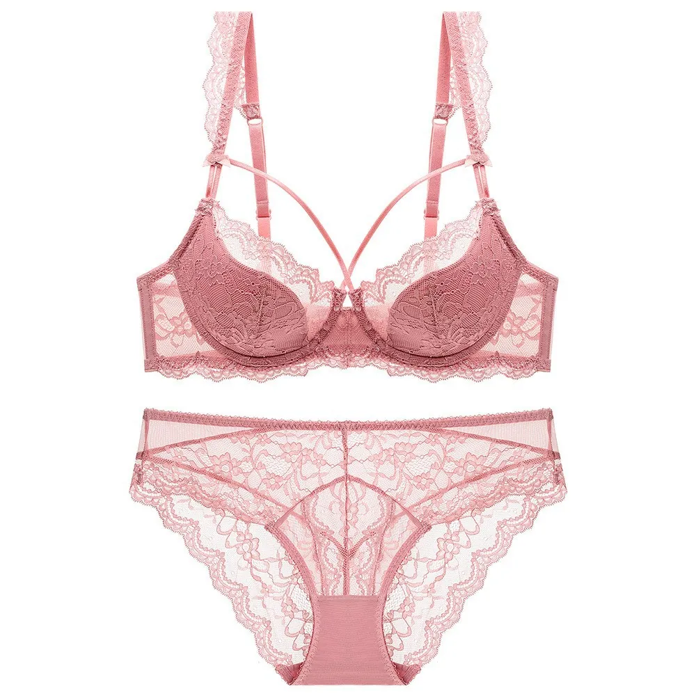 Ensemble de Lingerie Sexy en Dentelle Florale pour Femmes Maille Transparente Soutien-Gorge Et Culotte Sexy