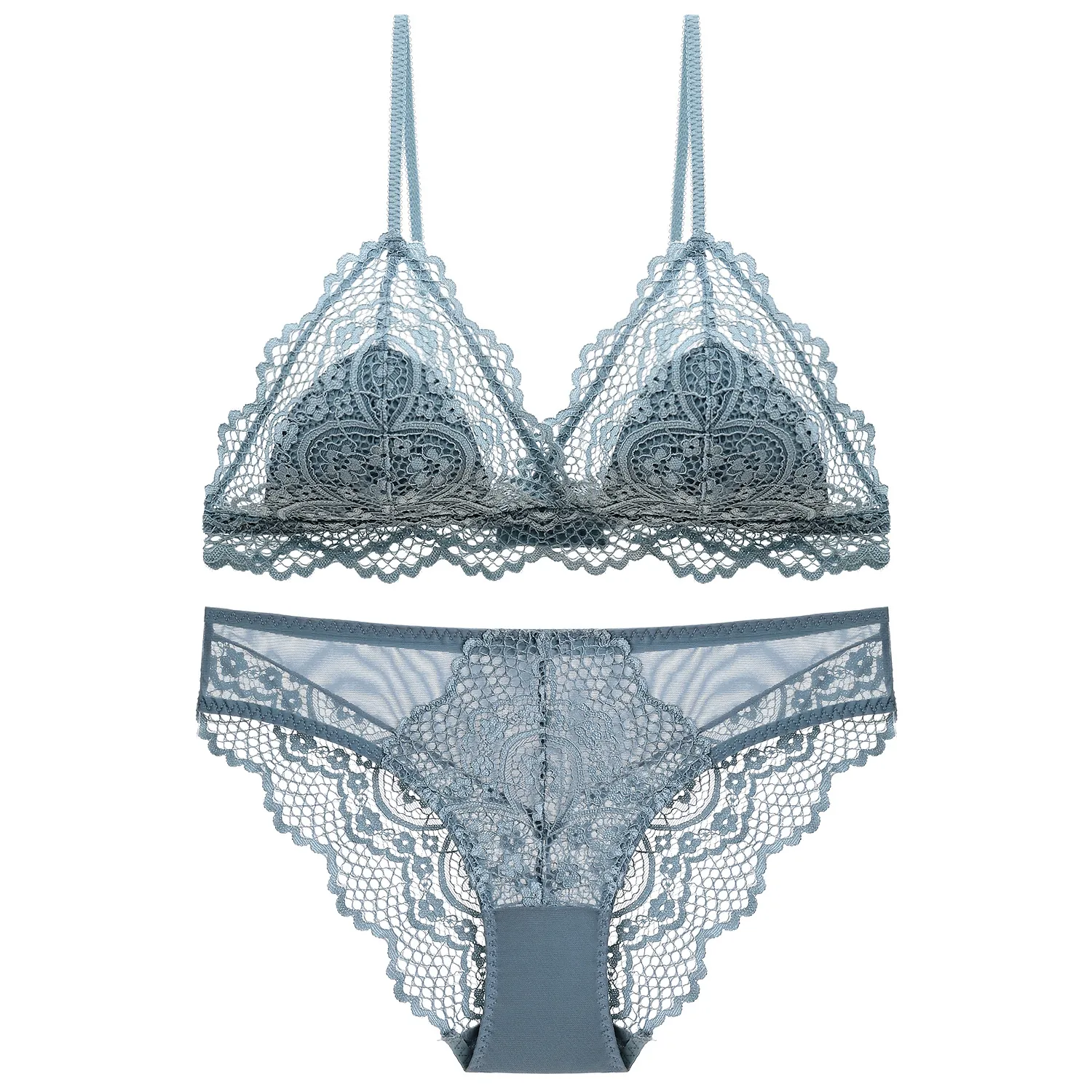 Lingerie en Dentelle Sexy de Style Français pour Femmes Soutien-gorge sans Armatures en Coton Mince Broderie Florale et Culotte