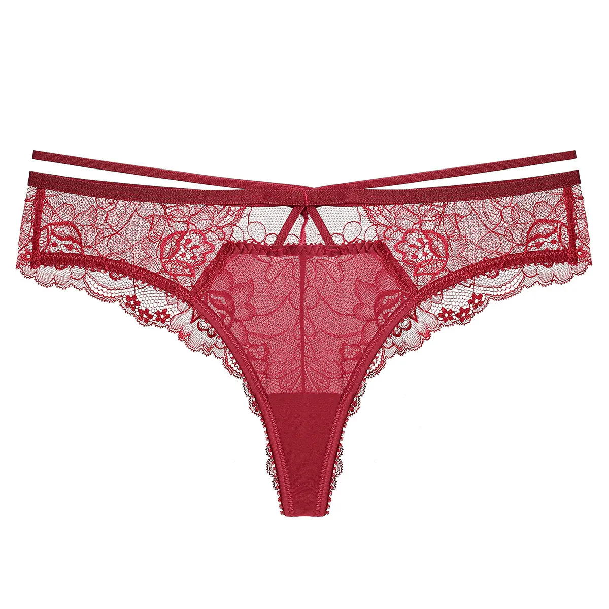 French Sexy Low Waist Lace Thong For Women Breathable Hollow Out Strappy Panties Floral Lingerie With Bow Decor