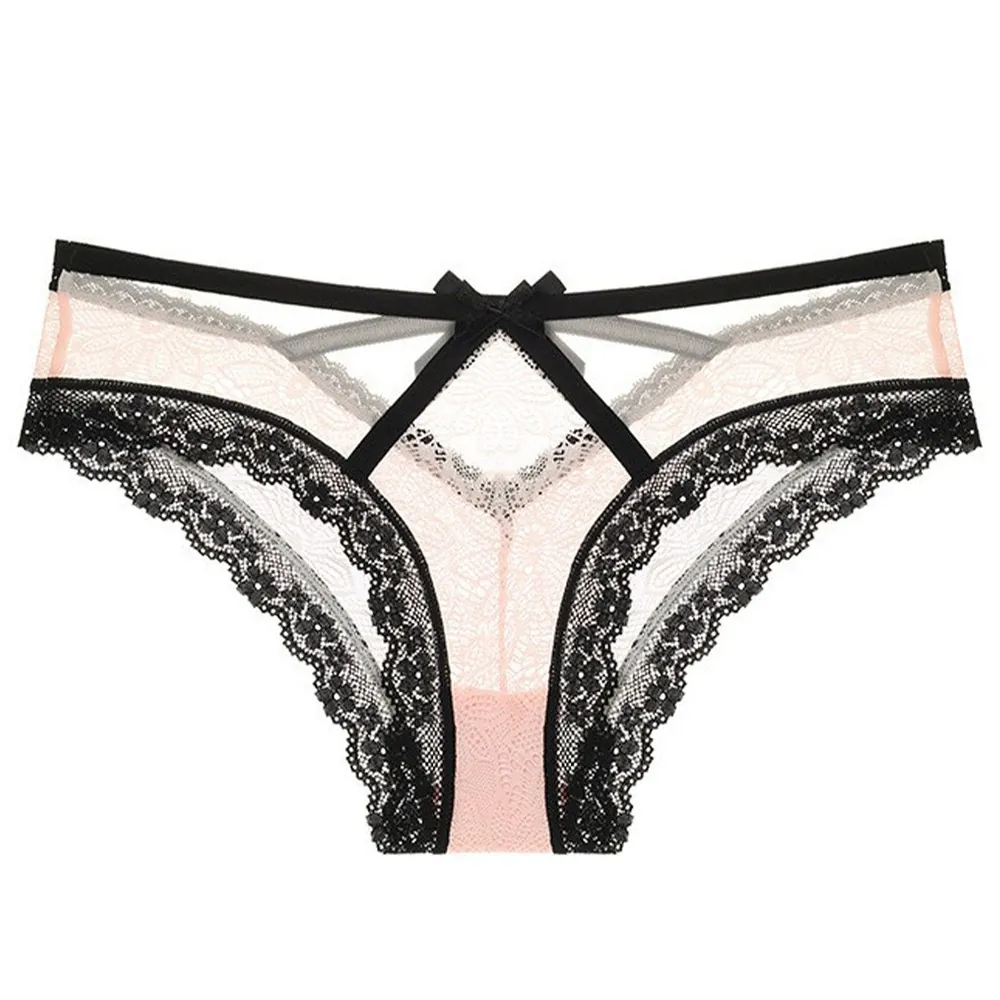 Culottes en Dentelle Sexy pour Femmes Style Français Respirant Taille Basse Sous-vêtements Motif Floral Nœud Lingerie