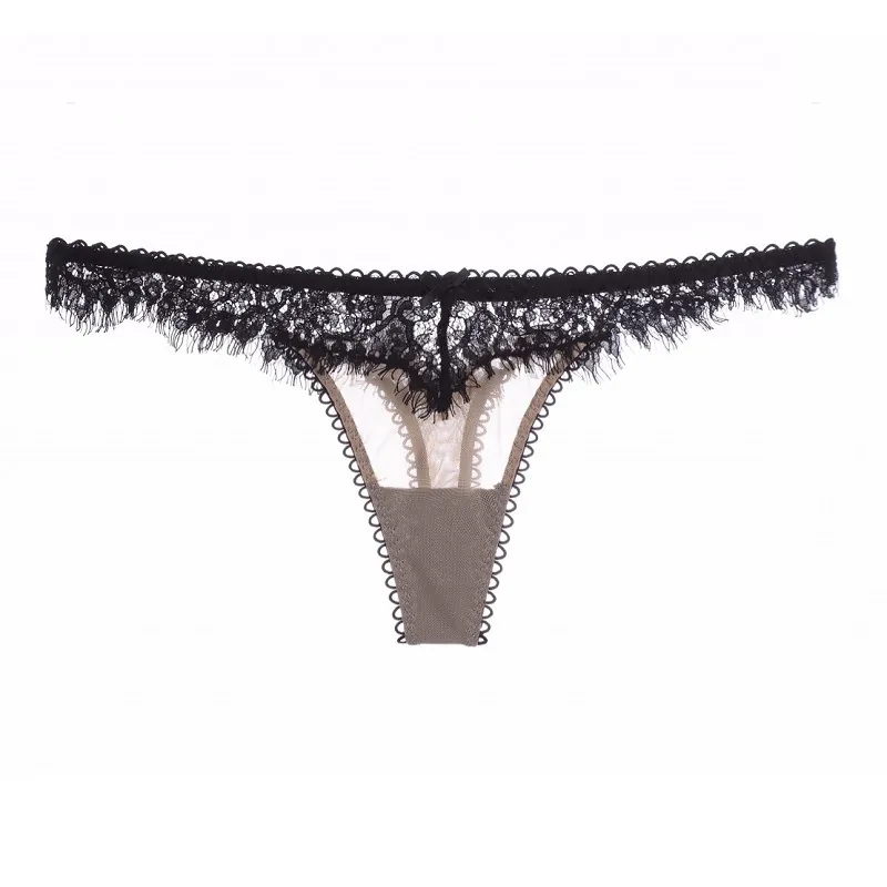 Women Sexy Eyelash Lace Thong Panties Sheer Mesh G-String Low Waist Floral Embroidery Bow Decor Breathable Lingerie
