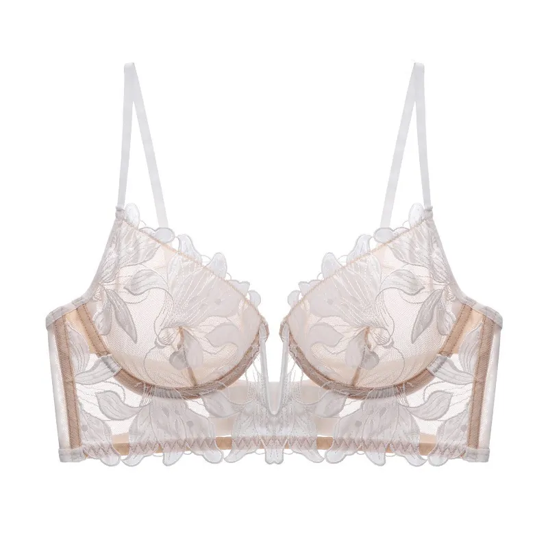 French Style Ultra-thin Sexy Lingerie For Women Deep V Embroidery Water-soluble Lace Bra Underwire Push Up Comfortable Nylon Top