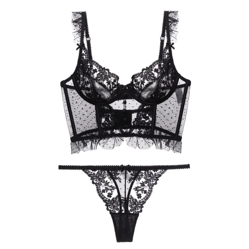 French Style Sexy Lace Bra And Panties For Women Longline Floral Embroidery Bustier Ultra Thin Polka Dot Mesh Ruffle Lingerie