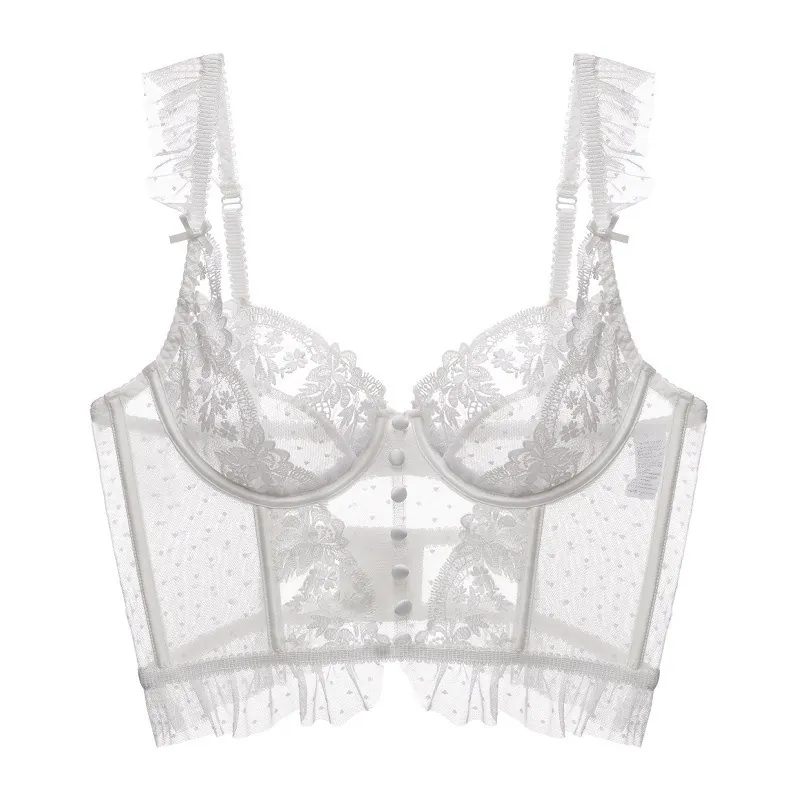 French Style Sexy Lace Embroidery Minimizer Bra Top And Bottom Vintage Floral Polka Dot Mesh Ruffle Underwired Bustier Lingerie