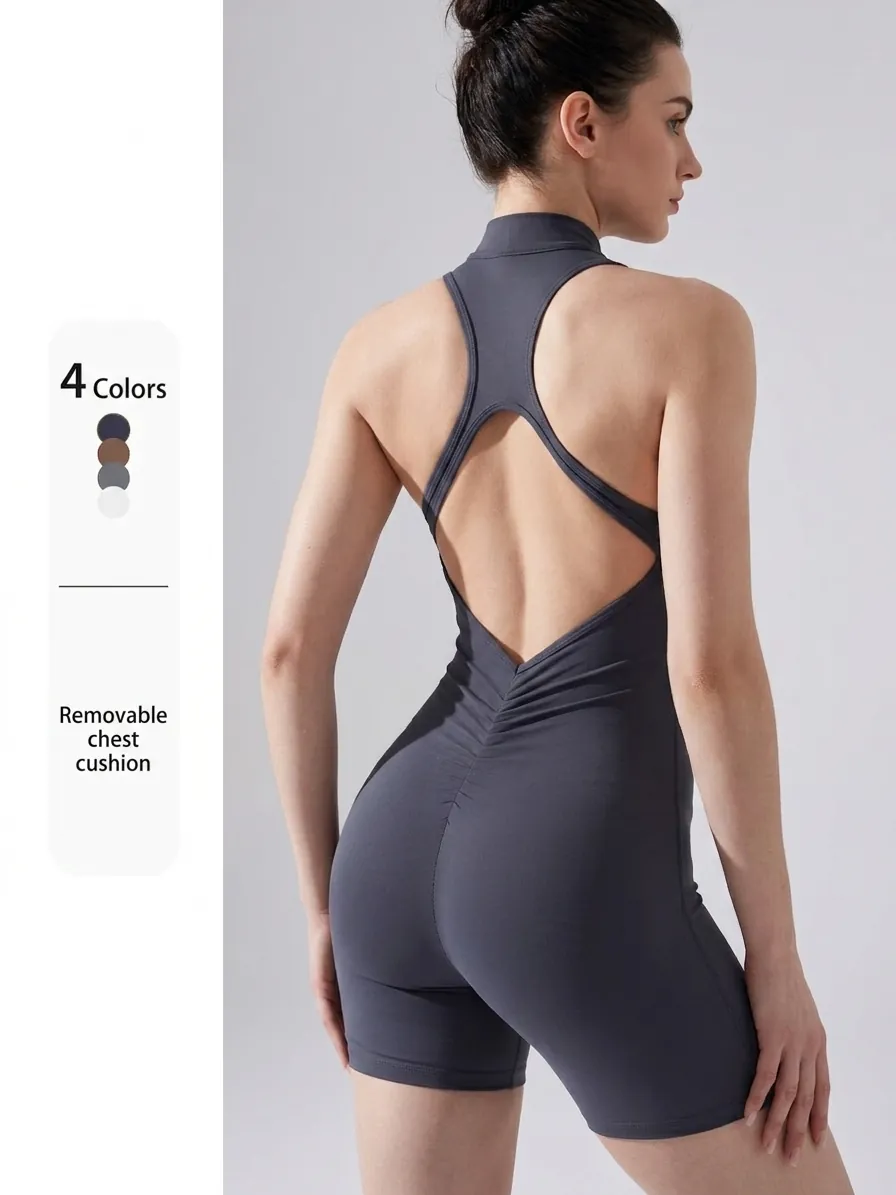 Women Top And Bottom Zipper Backless Yoga Romper Slim Fit Ruched Butt Sports Bodysuit Bra Nylon Spandex Gym Jumpsuit