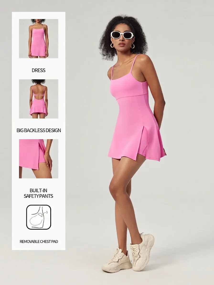 Robe de Sport Dos Nu pour Femmes avec Coussinets de Poitrine Robe de Tennis Yoga Golf Extérieure Antibactérienne avec Short Intégré Top And Bottom Activewear d'Été
