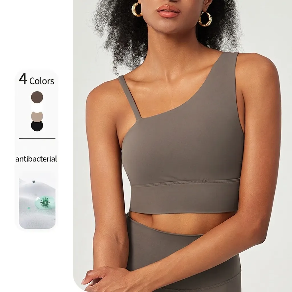 Women Asymmetric Strap Sports Bra Shockproof Padded Antibacterial Nylon Spandex Yoga Fitness Training Top