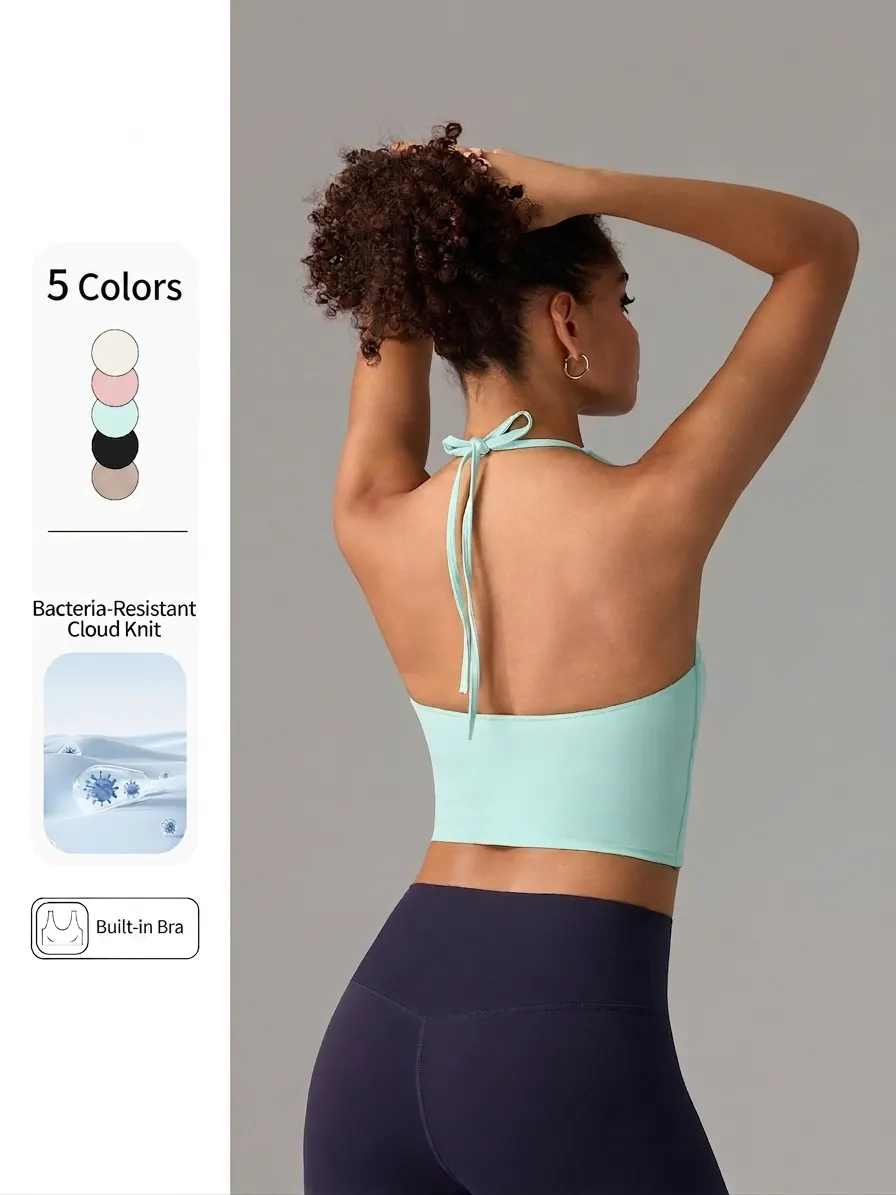 Halter Neck Sports Bra For Women Backless Yoga Tank Top With Built-In Bra Slim Fit Athleisure Workout Crop Top