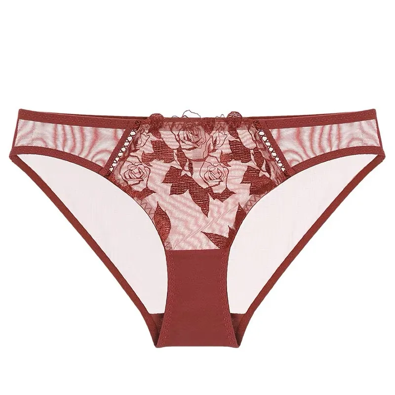 Women Sexy French Style Ultra Thin Floral Embroidered Lace Panties Breathable Transparent Mesh Low Waist Underwear Cotton Crotch