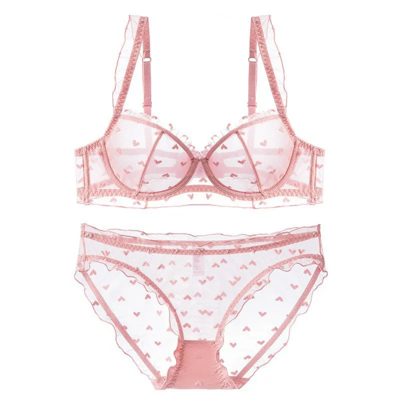 French Style Ultra-Thin Sheer Lace Bra Set Heart Embroidery Ruffle Underwire Minimizer Lingerie Top and Bottom For Women