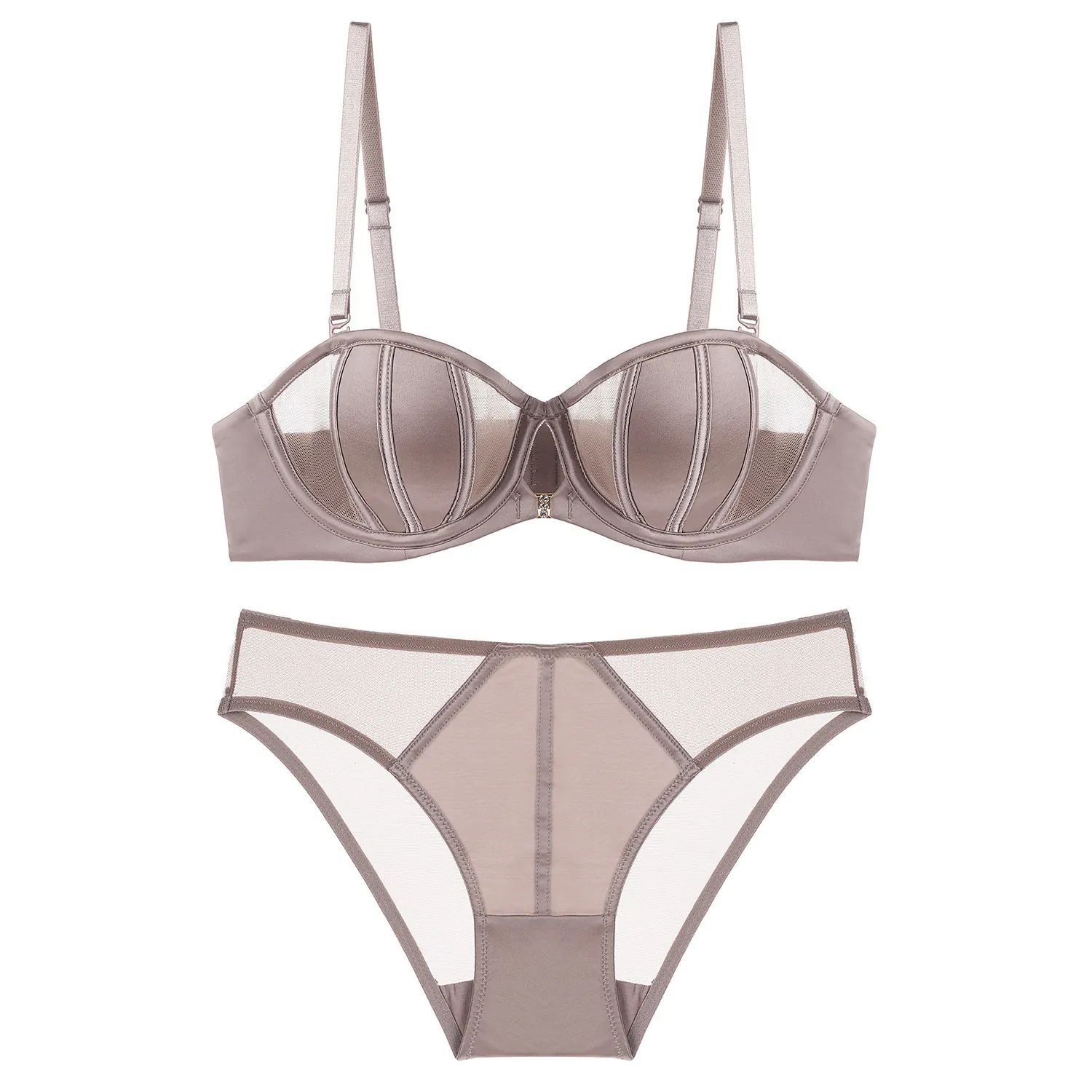 French Style Minimizer Lingerie Set For Women Seamless Mesh Splicing Polyamide Satin Look Bra And Panties Top And Bottom