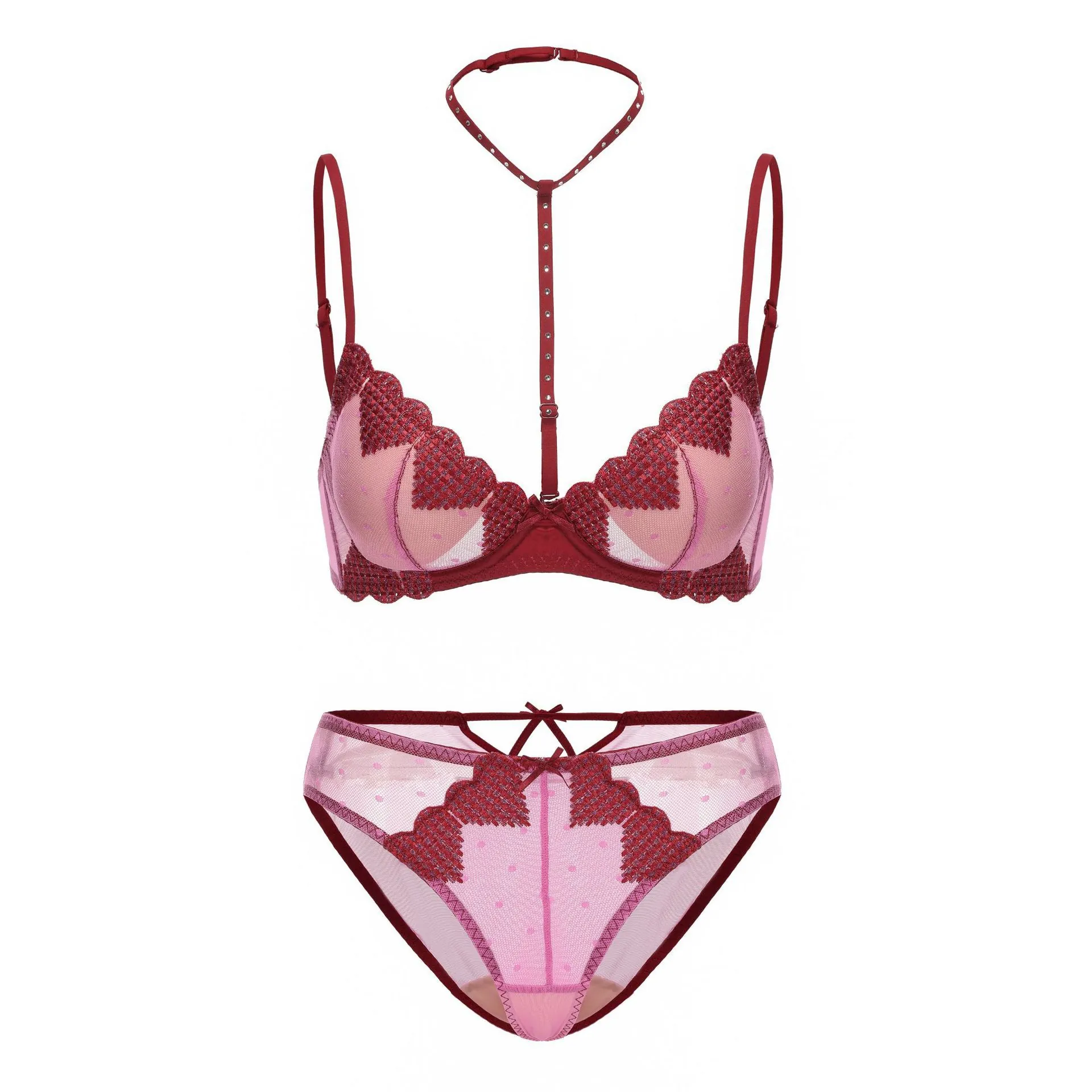 French Style Lingerie Set Heart Embroidery Mesh Halter Rhinestone Push Up Bra Top And Bottom For Women Sexy Intimates