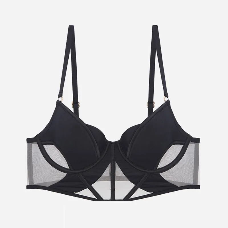 Soutien-gorge Corset de Style Français pour Femmes Sexy Maille Ajourée Avec Armatures Minimiseur Bralette Détails Satin Noir