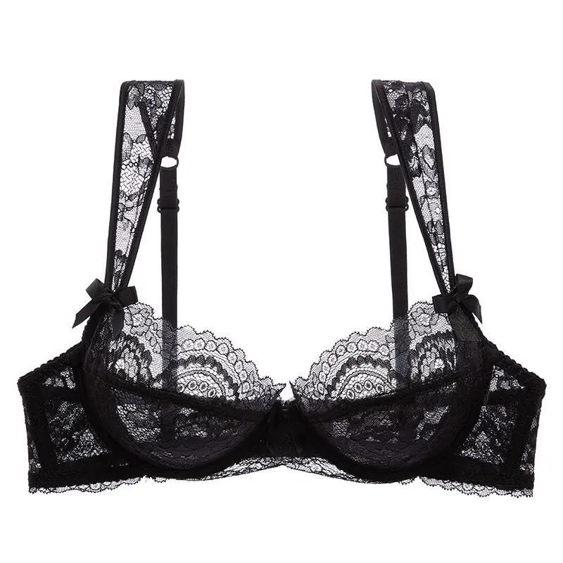 Women's French Style Ultra Thin Transparent Lace Bra Sexy Floral Underwire Minimizer Lingerie With Bow Decoration Support