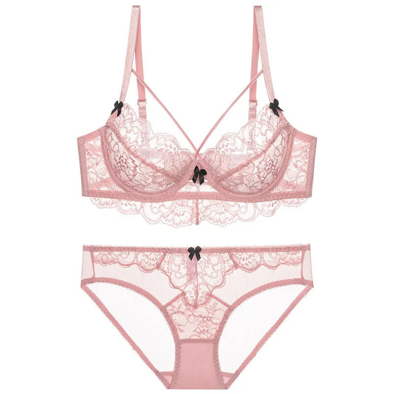 Lingerie Femme Sexy Française Dentelle Ultra-Mince Soutien-Gorge Et Culotte Florale Avec Nœud Et Bretelles Croisées Respirante
