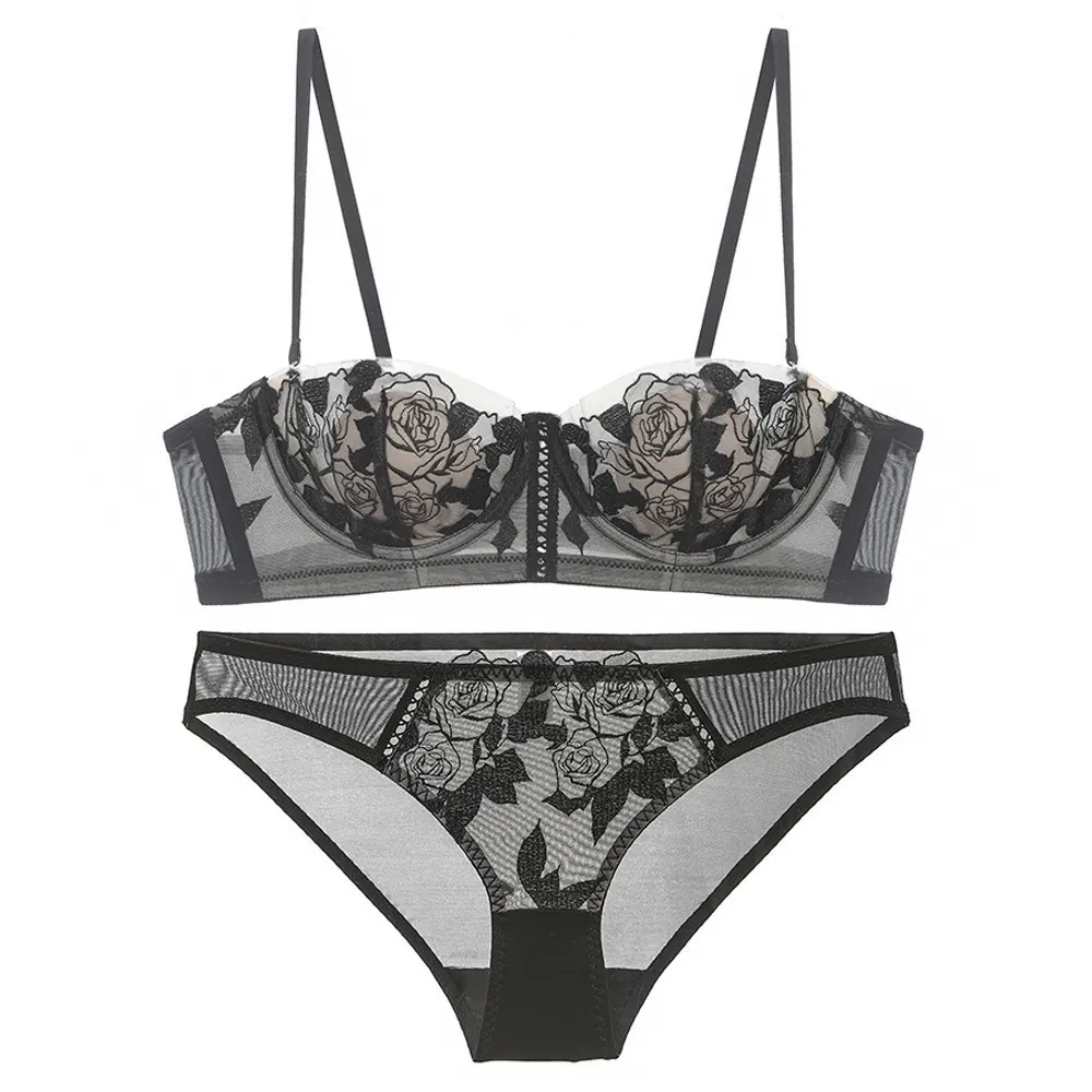 French Romantic Mesh Lace Underwear Rose Floral Embroidered Sheer Thin Bra Set For Women Lingerie