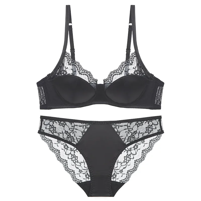 Lingerie en Dentelle de Style Français Top And Bottom Sexy Satin Mince Push Up Soutien-Gorge Et Culotte Sous-Vêtements Respirants Femme