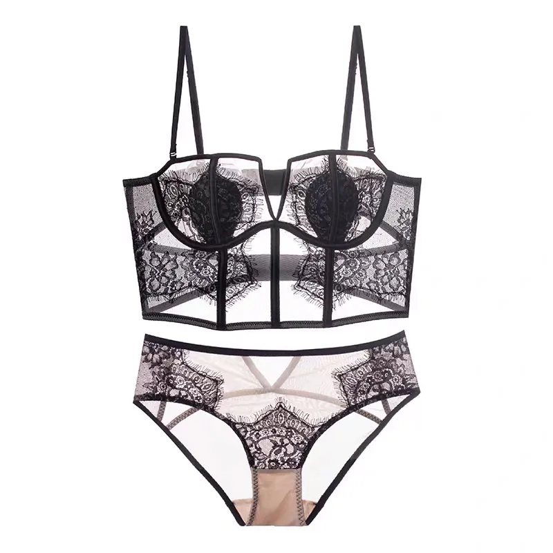 French Sexy Eyelash Lace Bustier Bra And Panties Lingerie For Women Thin Cup Underwire Boned Push Up Back Beauty Top