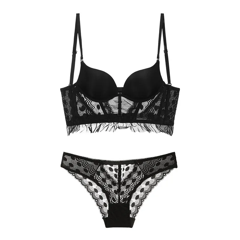 Lingerie en Dentelle Style Français Top And Bottom Pour Femmes Soutien-gorge Push-Up Dos en U et Culotte Respirante en Nylon